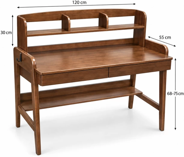 Aeror Study Desk with Storage Shelves and Drawers - 120 x 55 cm Study Table – Brown - Image 2