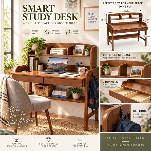 Aeror Study Desk with Storage Shelves and Drawers - 120 x 55 cm Study Table – Brown - Image 4