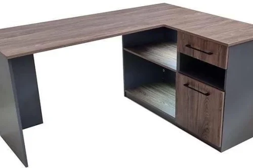 KC Furn Dublin L-Shaped Desk � Modern Corner Workstation with Drawers & Open Storage Shelves Office Table – Storm Grey & Chobe