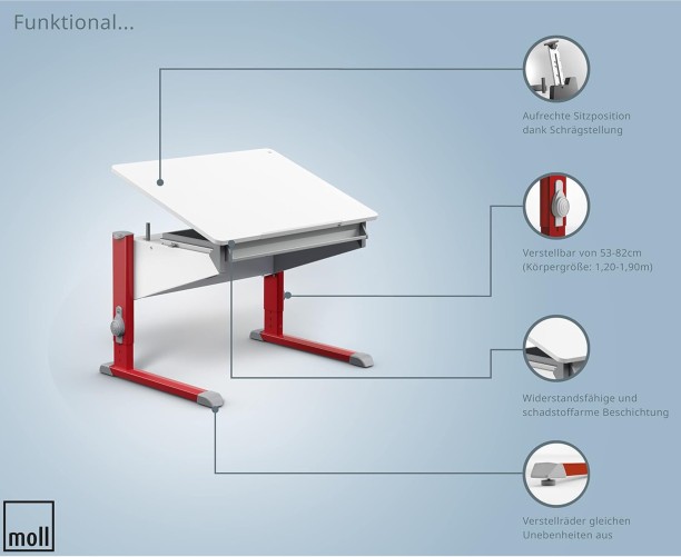Moll Ergonomic Desk With Drawer - Red Legs Multipurpose Table – White, Red - Image 2