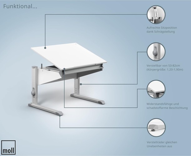 Moll Ergonomic Desk With Drawer - Grey Legs Multipurpose Table – White, Grey - Image 2