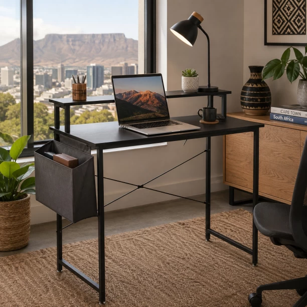 Golden Star 100 × 50 × 77cm household office desk built-in power socket equipped with monitor stand side storage bag X-shaped metal frame suitable for home office and bedroom Multipurpose Table – Black - Image 2