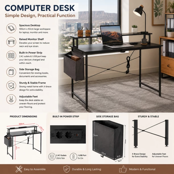 Golden Star 100 × 50 × 77cm household office desk built-in power socket equipped with monitor stand side storage bag X-shaped metal frame suitable for home office and bedroom Multipurpose Table – Black - Image 3