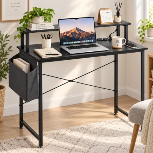 Golden Star 100 × 50 × 77cm household office desk built-in power socket equipped with monitor stand side storage bag X-shaped metal frame suitable for home office and bedroom Multipurpose Table – Black