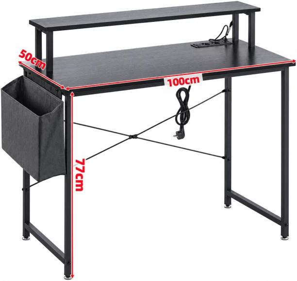 Golden Star 100 × 50 × 77cm household office desk built-in power socket equipped with monitor stand side storage bag X-shaped metal frame suitable for home office and bedroom Multipurpose Table – Black - Image 4