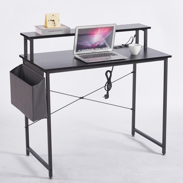 ZhongliFurniture Furniture 100×50cm Simple Computer Desk with Socket Monitor Stand Fabric Storage Bag Home Student Desk Iron Office Desk Multipurpose Table – Black - Image 6
