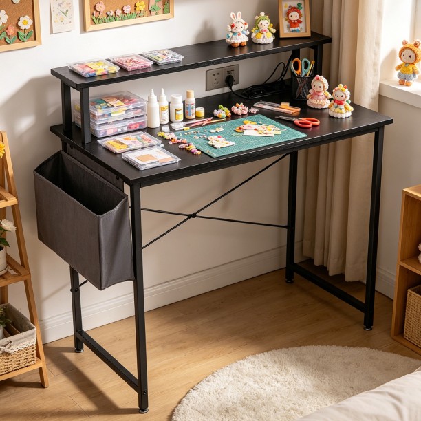ZhongliFurniture Furniture 100×50cm Simple Computer Desk with Socket Monitor Stand Fabric Storage Bag Home Student Desk Iron Office Desk Multipurpose Table – Black - Image 7