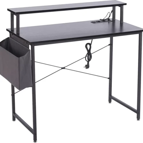 ZhongliFurniture Furniture 100×50cm Simple Computer Desk with Socket Monitor Stand Fabric Storage Bag Home Student Desk Iron Office Desk Multipurpose Table – Black