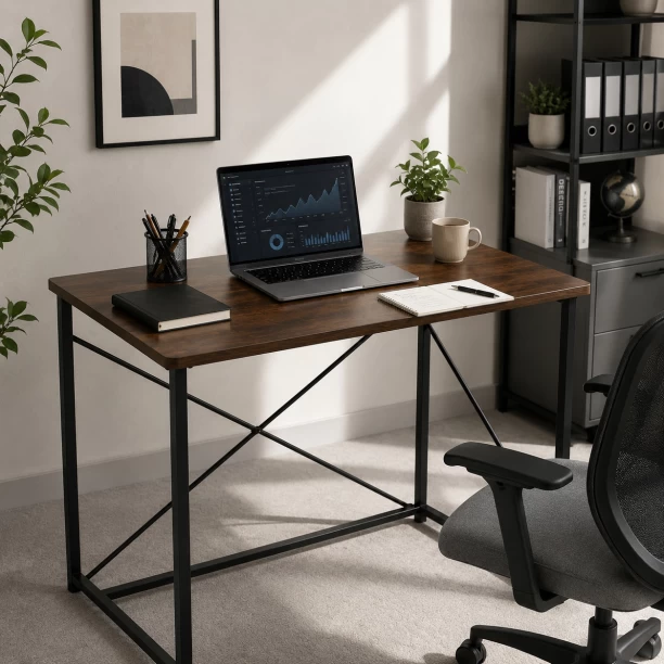 Golden Star 100 × 45 × 75cm foldable computer desk industrial style home office desk X-shaped metal steel frame adjustable foot pad bedroom and dormitory space saving foldable learning desk Multipurpose Table – Berlin Rustic - Image 3