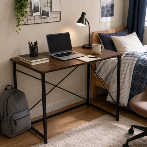 Golden Star 100 × 45 × 75cm foldable computer desk industrial style home office desk X-shaped metal steel frame adjustable foot pad bedroom and dormitory space saving foldable learning desk Multipurpose Table – Berlin Rustic
