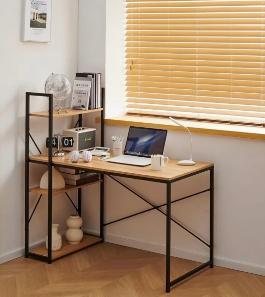Woodly Work Desk Office Computer Workstation with Shelves Student Desk Table Office Table – Light Oak - Image 2