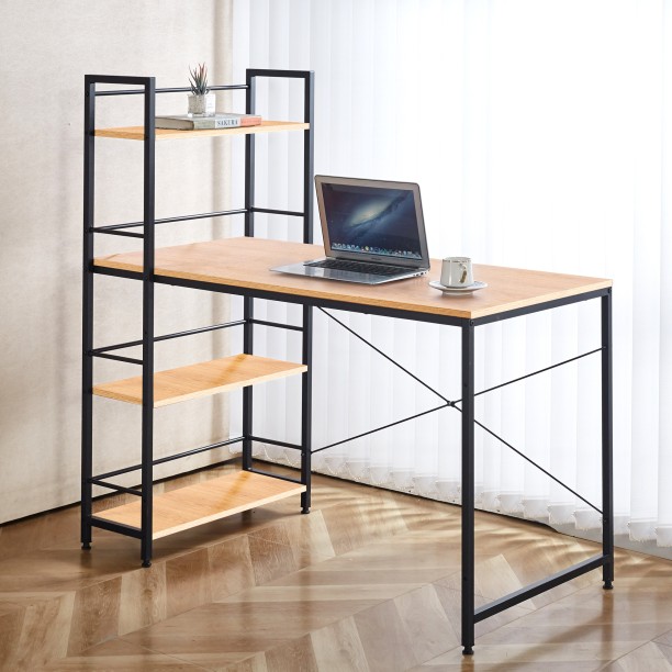 RSQQAV 120cm Industrial Computer Desk with Reversible 4-Tier Shelves – Home Office Study Workstation with Cable Management & X-Brace Support (120 x 64 x 120 cm) Multipurpose Table – Wood - Image 5
