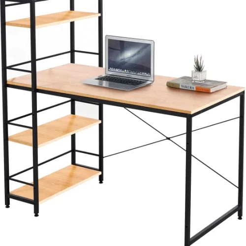 ArtisanFurnitureWarehouse Furniture 120 × 64cm office computer desk 3-layer storage rack railing and headphone hook heavy-duty metal frame writing desk suitable for home apartments and offices for office operations-GREY WOOD Multipurpose Table