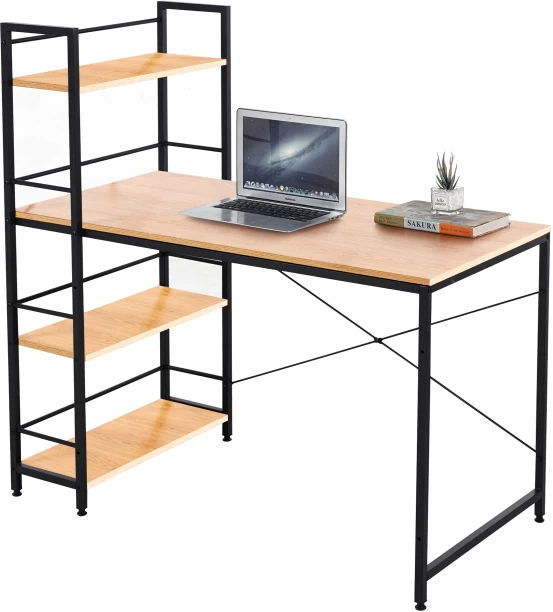 RSQQAV 120cm Industrial Computer Desk with Reversible 4-Tier Shelves – Home Office Study Workstation with Cable Management & X-Brace Support (120 x 64 x 120 cm) Multipurpose Table – Wood - Image 2