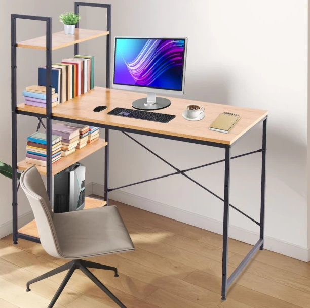 Deals online Computer Table Study Writing Desk Home Office Workstation with 4 Shelves Study Table – Grey Wood - Image 2