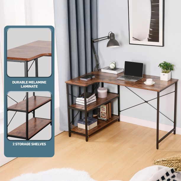 Everfurn Anthony L-Shaped Corner Work Desk - Steel Frame Office Table – Dark Oak with Black Frame - Image 6