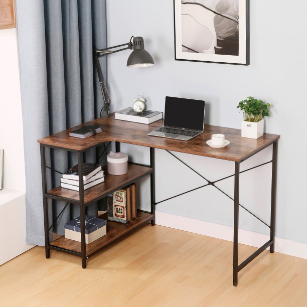 Everfurn Anthony L-Shaped Corner Work Desk - Steel Frame Office Table – Dark Oak with Black Frame - Image 7