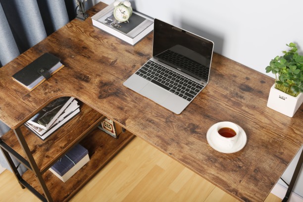 Everfurn Anthony L-Shaped Corner Work Desk - Steel Frame Office Table – Dark Oak with Black Frame - Image 5