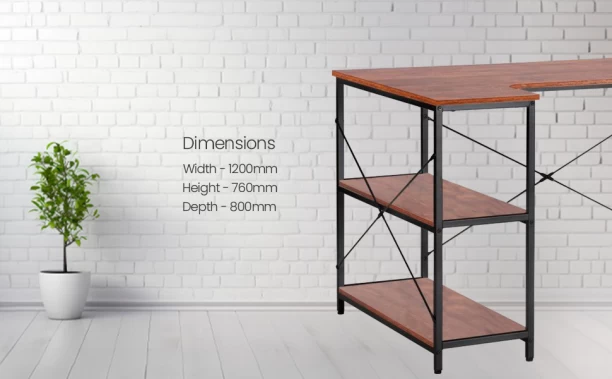 Everfurn Anthony L-Shaped Corner Work Desk - Steel Frame Office Table – Dark Oak with Black Frame - Image 3