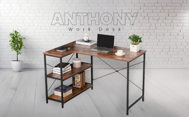 Everfurn Anthony L-Shaped Corner Work Desk - Steel Frame Office Table – Dark Oak with Black Frame - Image 4