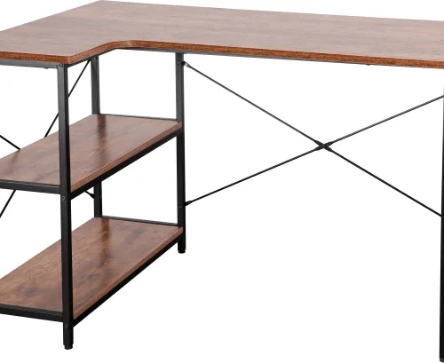 Everfurn Anthony L-Shaped Corner Work Desk - Steel Frame Office Table – Dark Oak with Black Frame