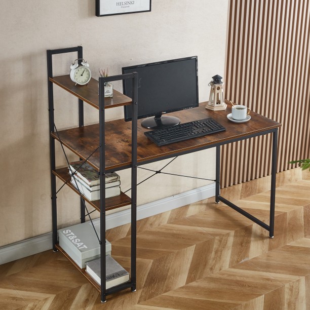 Golden Star Africa Industrial-style computer desk with 4-tier storage shelves 120 × 60 × 76 desk with side shelves wood and metal study and workstation suitable for apartments bedrooms and student rooms—a space-saving home office and gaming desk Multipurpose Table – Berlin Rustic - Image 6