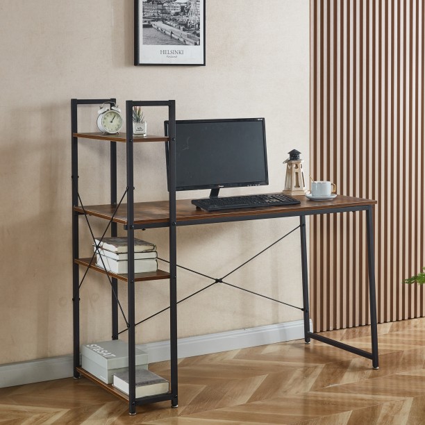 Golden Star Africa Industrial-style computer desk with 4-tier storage shelves 120 × 60 × 76 desk with side shelves wood and metal study and workstation suitable for apartments bedrooms and student rooms—a space-saving home office and gaming desk Multipurpose Table – Berlin Rustic - Image 7
