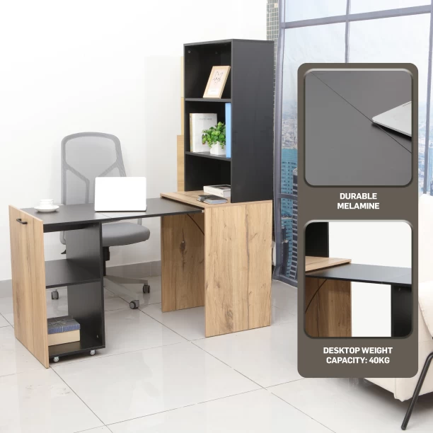 Everfurn 2 Tone Adaptive Desk with 5 Storage Shelves - Converts to a Bookshelf Office Table – Brown and Black - Image 2