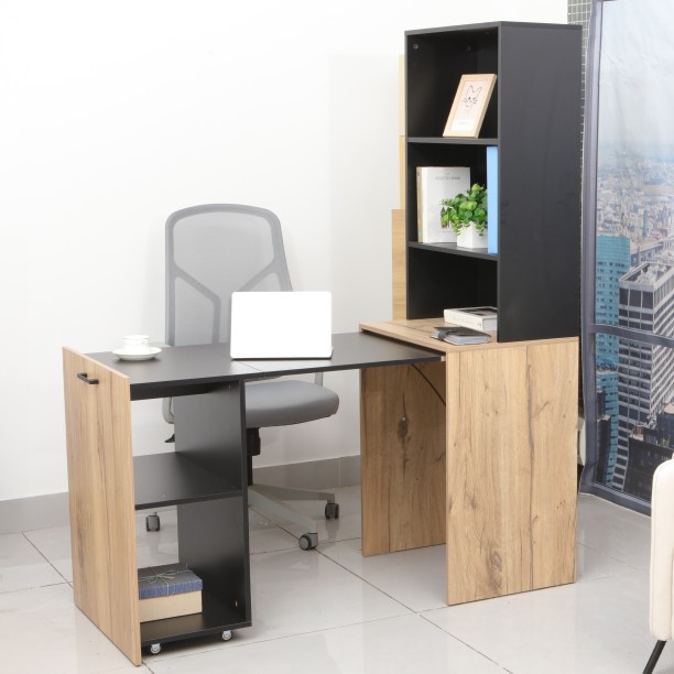 Everfurn 2 Tone Adaptive Desk with 5 Storage Shelves - Converts to a Bookshelf Office Table – Brown and Black - Image 5
