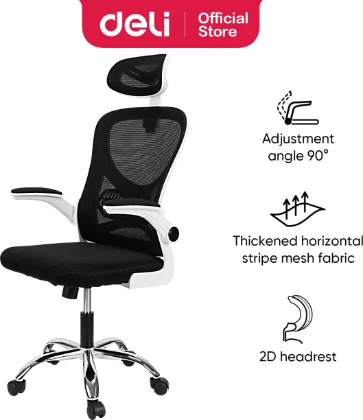 Deli Stationery Office Chair with headrest Office Adjustable Arm Chair – Black, White