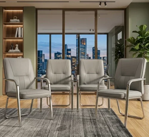 GOF Movember Office Chair – Grey PU Leather Boardroom Chair with Silver Frame & Armrests – Modern Office Chair Office Visitor Chair