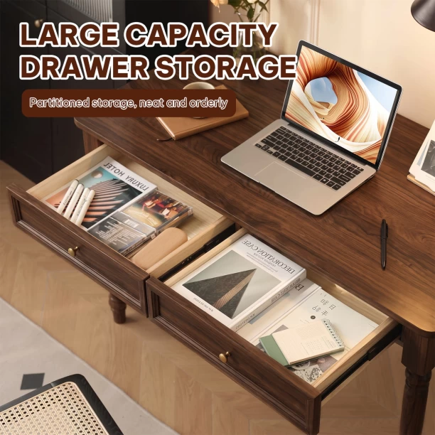 Topika Wood Office Desk With 2 Drawers, Walnut Solid Wood Table Study Table – Brown - Image 3