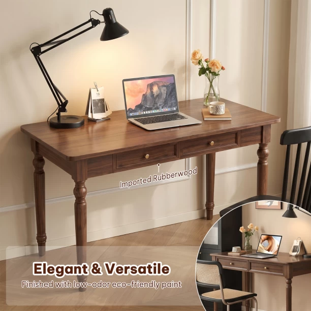 Topika Wood Office Desk With 2 Drawers, Walnut Solid Wood Table Study Table – Brown - Image 2
