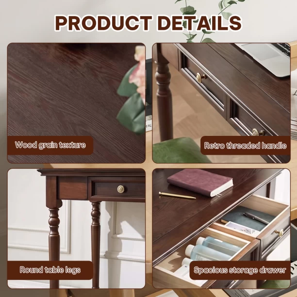 Topika Wood Office Desk With 2 Drawers, Walnut Solid Wood Table Study Table – Brown - Image 4