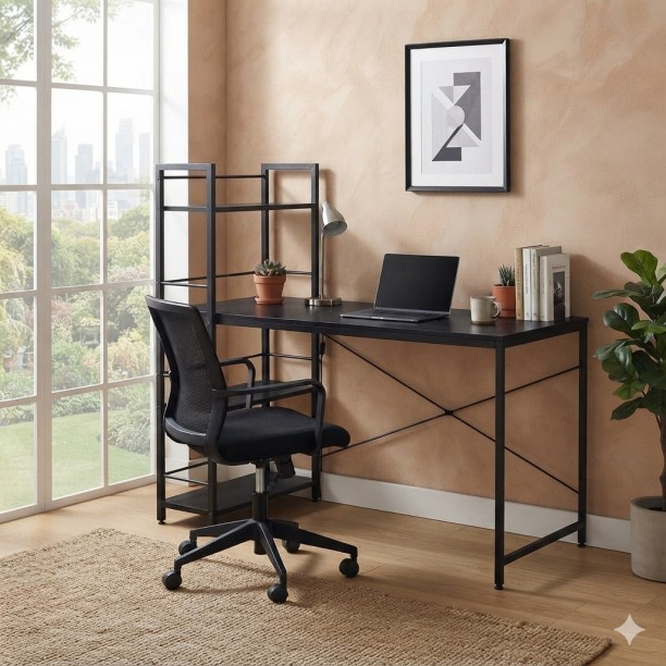 HOMEVALUE Tobi Black Freestanding Retro Wood Grain Desk with Bookshelf Study Table - Image 5