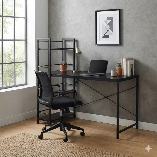 HOMEVALUE Tobi Black Freestanding Retro Wood Grain Desk with Bookshelf Study Table - Image 4