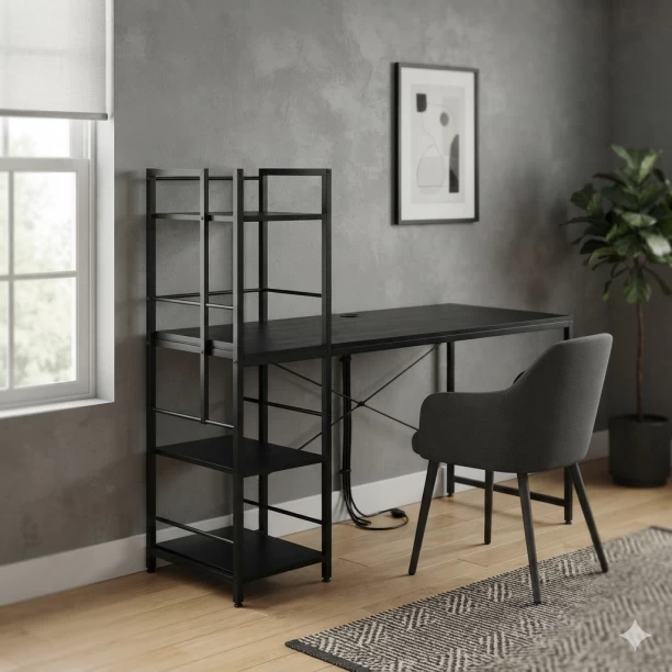 HOMEVALUE Tobi Black Freestanding Retro Wood Grain Desk with Bookshelf Study Table - Image 2