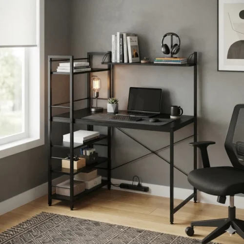 HOMEVALUE Tobi Black Freestanding Retro Wood Grain Desk with Bookshelf Study Table