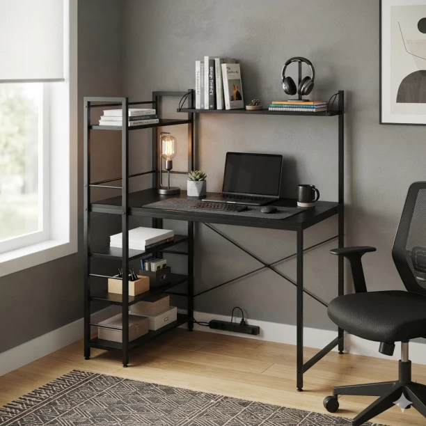 HOMEVALUE Tobi Black Freestanding Retro Wood Grain Desk with Bookshelf Study Table