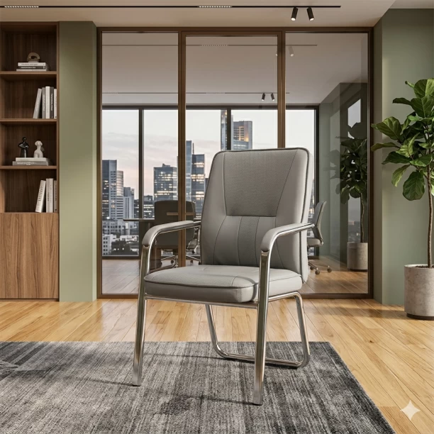 GOF Furniture Movember Office Chair – Grey PU Leather Boardroom Chair with Silver Frame & Armrests – Modern Office Chair Office Visitor Chair
