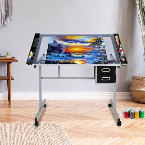 innolife Glass Drawing Table - Drafting Table with Storage - Technical drawing desk Adjustable Drawing Desk -Rolling Art Craft Station -Writing Work Table with Drawers Office Table – White, Black - Image 7