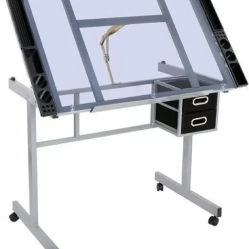 innolife Glass Drawing Table - Drafting Table with Storage - Technical drawing desk Adjustable Drawing Desk -Rolling Art Craft Station -Writing Work Table with Drawers Office Table – White, Black
