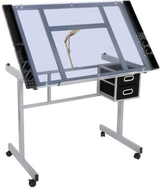 innolife Glass Drawing Table - Drafting Table with Storage - Technical drawing desk Adjustable Drawing Desk -Rolling Art Craft Station -Writing Work Table with Drawers Office Table – White, Black