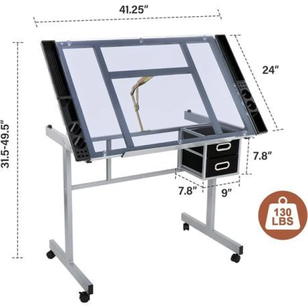 innolife Glass Drawing Table - Drafting Table with Storage - Technical drawing desk Adjustable Drawing Desk -Rolling Art Craft Station -Writing Work Table with Drawers Office Table – White, Black - Image 4