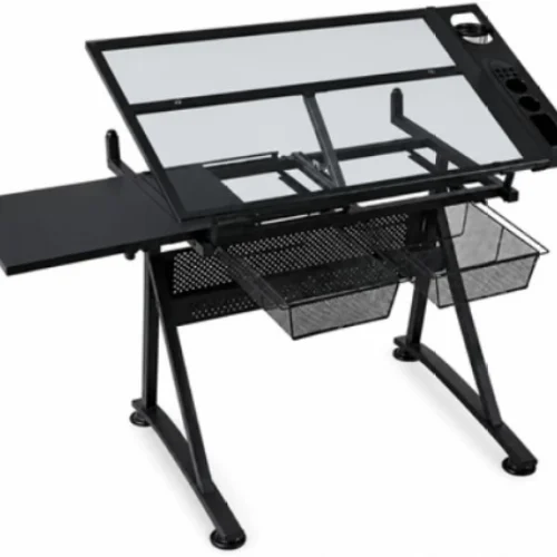 Innolife Glass Drawing Table Studio Desk/Art Workstation Drafting Table + Storage Multipurpose Table – Black