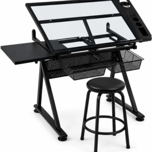 Innolife Glass Top Drawing Desk/Art Workstation Drafting Table with Storage & Stool Multipurpose Table – Black, Chair Included