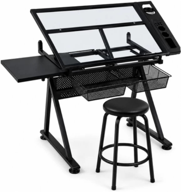 Innolife Glass Top Drawing Desk/Art Workstation Drafting Table with Storage & Stool Multipurpose Table – Black, Chair Included