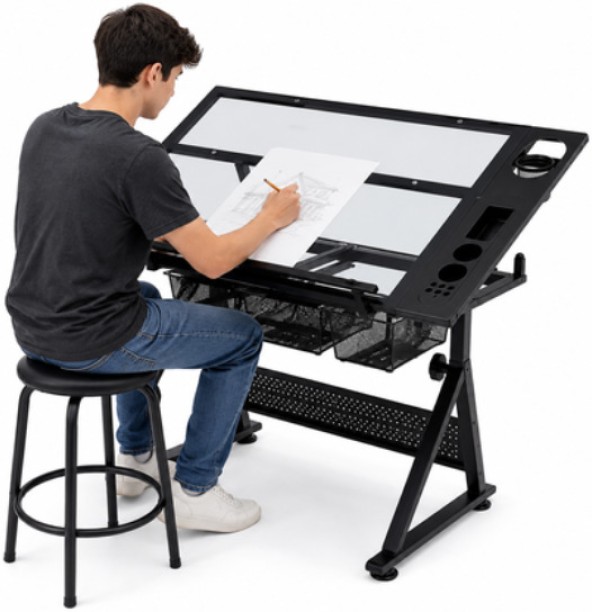 Innolife Glass Top Drawing Desk/Art Workstation Drafting Table with Storage & Stool Multipurpose Table – Black, Chair Included - Image 4