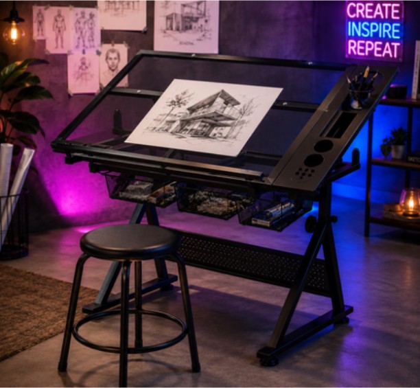 Innolife Glass Top Drawing Desk/Art Workstation Drafting Table with Storage & Stool Multipurpose Table – Black, Chair Included - Image 3