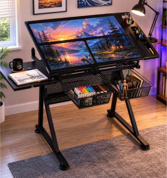 Innolife Glass Top Drawing Desk/Art Workstation Drafting Table with Storage & Stool Multipurpose Table – Black, Chair Included - Image 6